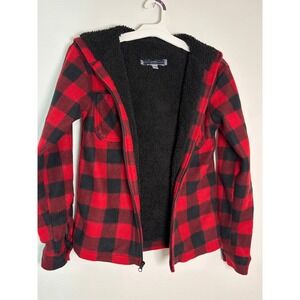 PD&C Boys Buffalo Plaid Fleece Sherpa Lined Zip Up Hooded Jacket Red Black 14/16
